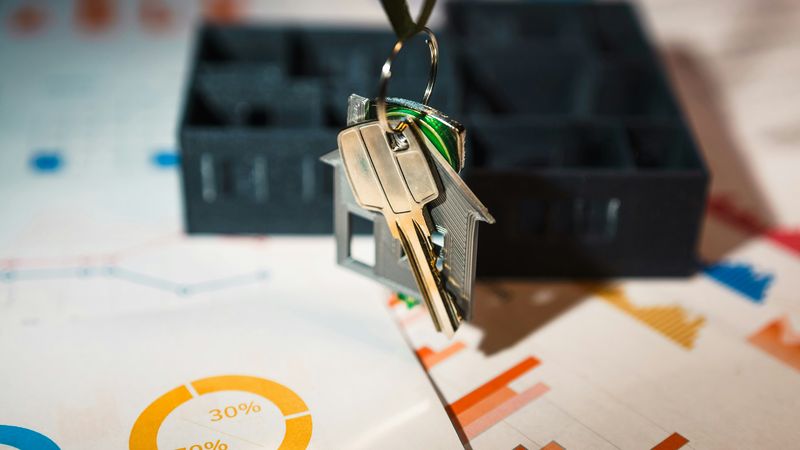 House-shaped keychain with keys above a model house